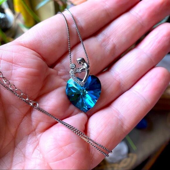 Mother Child Heart of the Ocean Crystal Sterling Silver Necklace - Picture 4 of 6